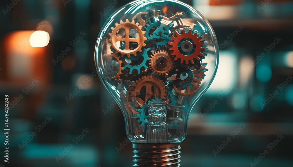 Poster transparent lightbulb filled with intricate gears and mechanisms.