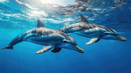 Naklejka premium Two dolphins gracefully swim in deep blue ocean water, sunlight filtering through the surface