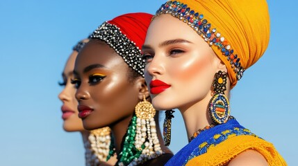 Obraz premium Three women in colorful headwraps and bold jewelry pose confidently against a clear blue sky.