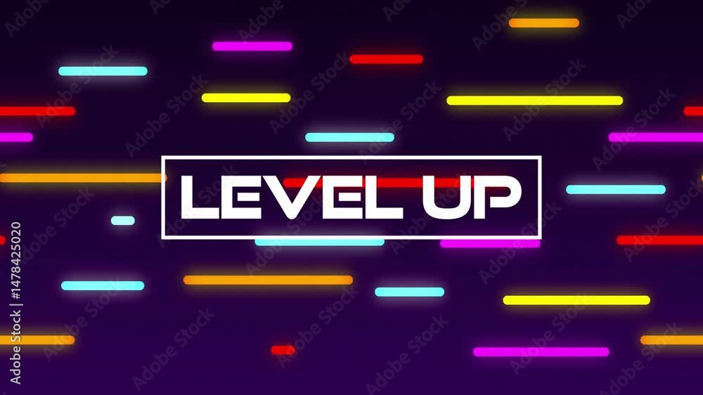 Poster purple gradient pulsing with neon bars while white level up text shining inside rectangular frame
