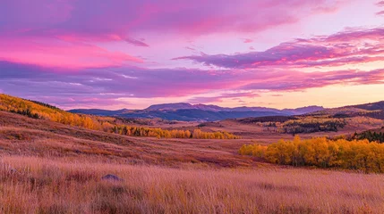Fototapeten A pink and purple sky over a golden autumn landscape © Bopha