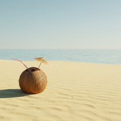 Coconut Drink on Sandy Beach with Ocean View
