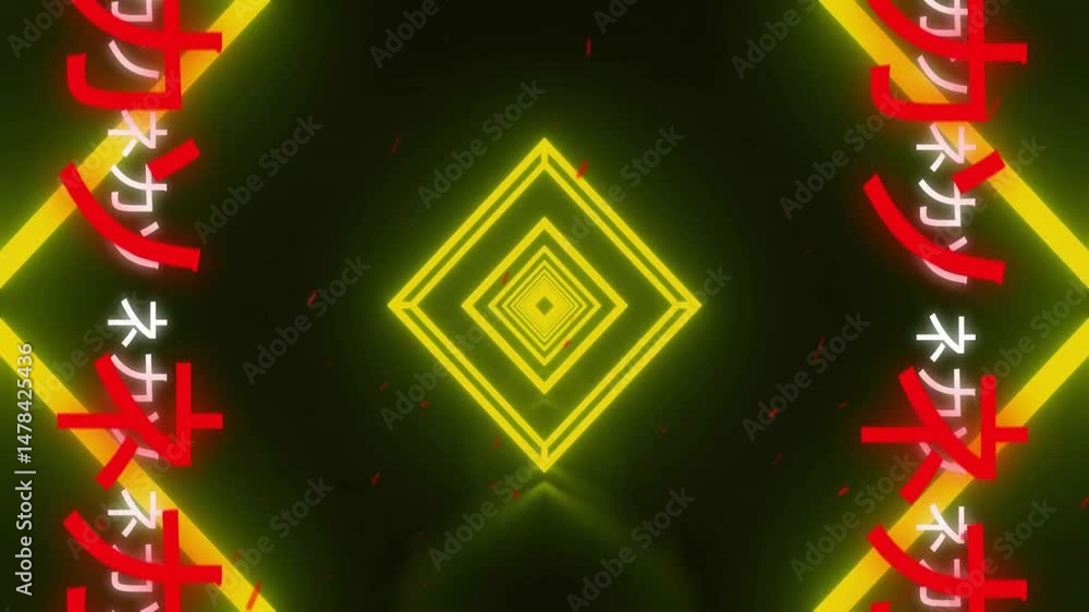 Aufkleber nested glowing yellow diamond frames receding into neon tunnel with angled 3d beams and red glyphs