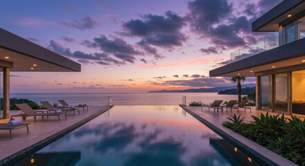 Fototapeta premium Infinity Pool Sunset: Luxury Villa with Ocean View - Tropical Paradise Escape