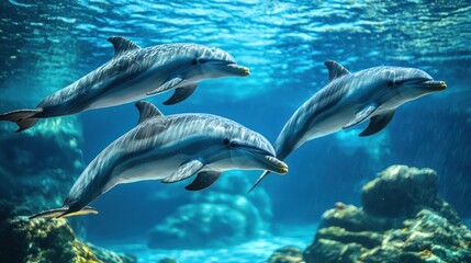 Naklejka premium A pod of dolphins playing in an underwater setting