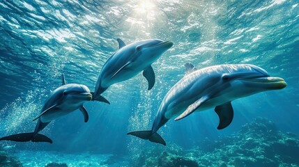 Obraz premium A pod of dolphins playing in an underwater setting