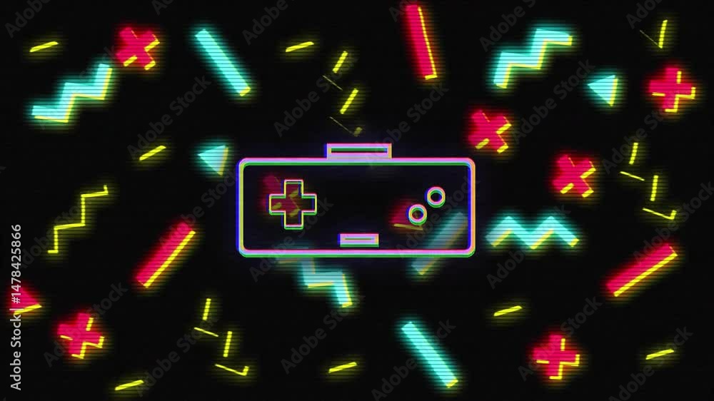 Poster neon-outlined gamepad being animated on dark backdrop with floating zigzag crosses and arrows
