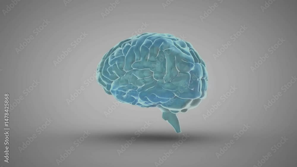 Poster blue semi-transparent brain model floating above smooth gray surface, showcasing folds in 3d render