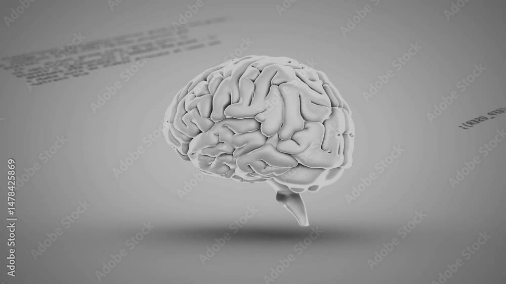 Poster floating detailed 3d brain model hovering above gradient grey backdrop, with blurred code fragments