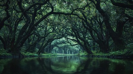 A pond surrounded by ancient trees in a dark forest