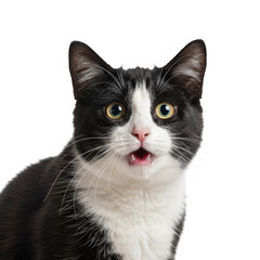 Surprised Tuxedo Cat Portrait - Open Mouth on Transparent Background