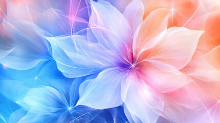 Fototapeta premium Soft, colorful abstract flowers blend blue, pink, and purple hues in a dreamy, ethereal digital artwork.