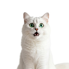 Astonished White Cat with Bright Green Eyes on Transparent Background
