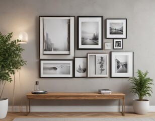 Gallery wall mockup; stylish frame arrangement, home decor,  picture frames,  bedroom,  display