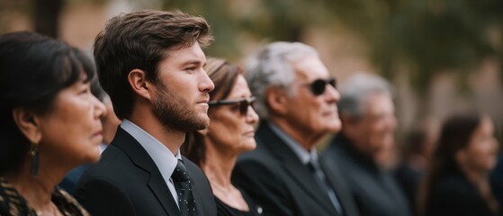 Obraz premium A group of solemn people dressed in formal attire stand outdoors, appearing attentive and respectful at an event.