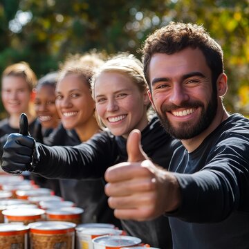 team of volunteers giving thumbs up in front of food bank, outdoor daylight, , charitable stock theme