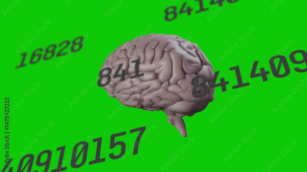 Poster gray 3d brain model rotating against green backdrop, showing floating gray numeric data overlays