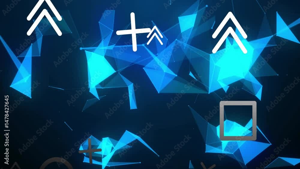 Poster glowing blue triangle network animating and connecting across dark gradient scene with grey icons