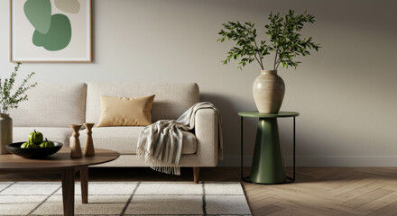 Cozy Neutral Living Room: Modern Couch, Green Accents, & Natural Decor for a Relaxing Home Aesthetic