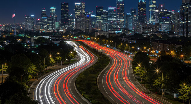 ** City Lights & Highway Trails: A Nightscape of Urban Motion & Skyline Splendor, USA Cityscape, light trails, night traffic, American Flag