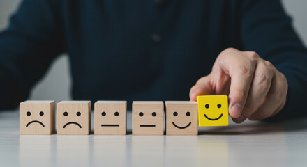 Customer Feedback: Choosing Happiness! Hand Picking Positive Smiley Block. Business, Review, Survey, Emotion, Satisfaction Concept.
