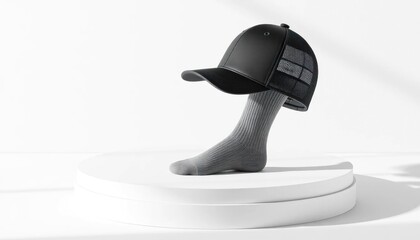 Surreal Fashion Concept: Black Baseball Cap Supported by Ribbed Sock on White Display Stand
