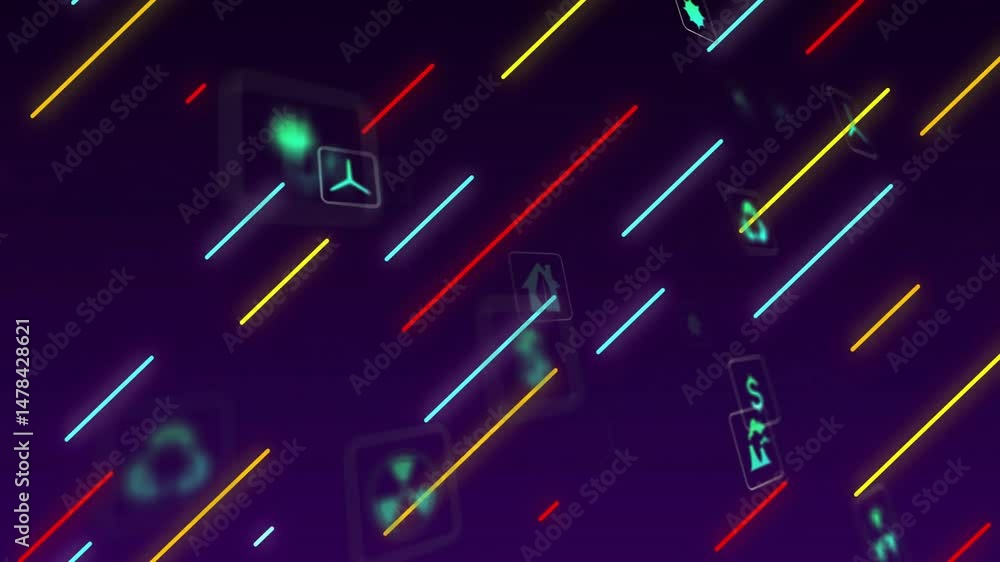 Aufkleber neon diagonal lines and floating eco icons animating over dark purple gradient digital interface