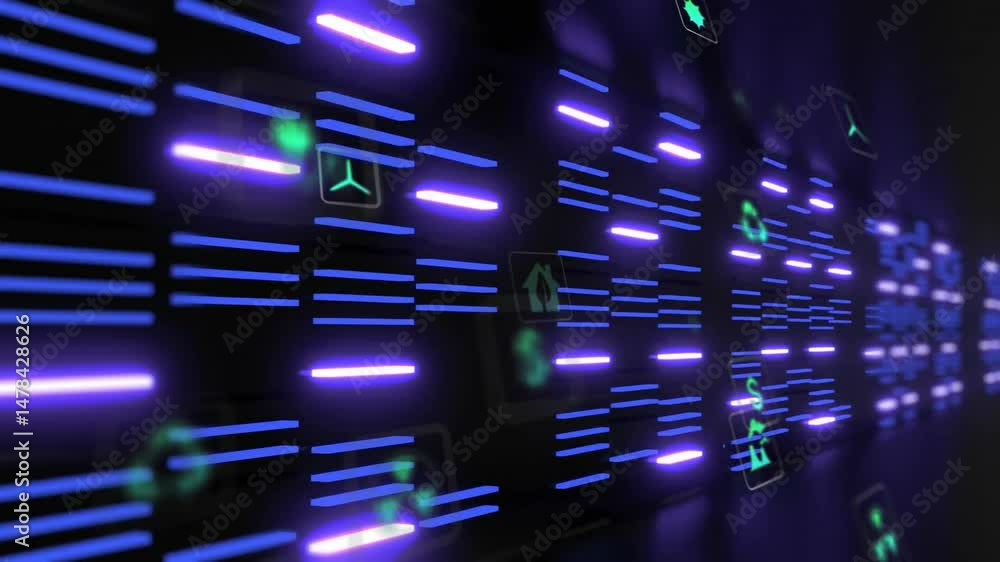 Poster 3d dashboard displaying glowing blue and purple data bars with floating panels showing eco icons
