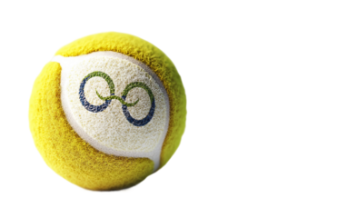 Detailed photograph of a tennis ball with the Olympic logo showing the texture and design in sharp focus isolated on white background PNG