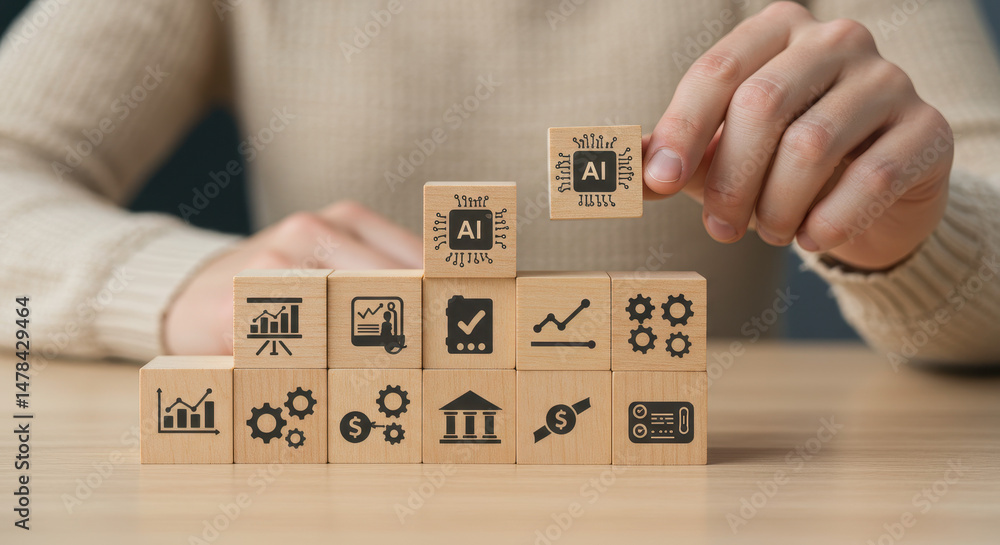 Poster ai business growth: wooden blocks showcasing artificial intelligence in data analytics and financial
