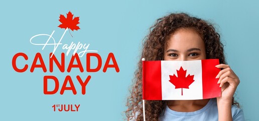 Banner for Canada Day with happy young African-American woman holding flag on light blue background