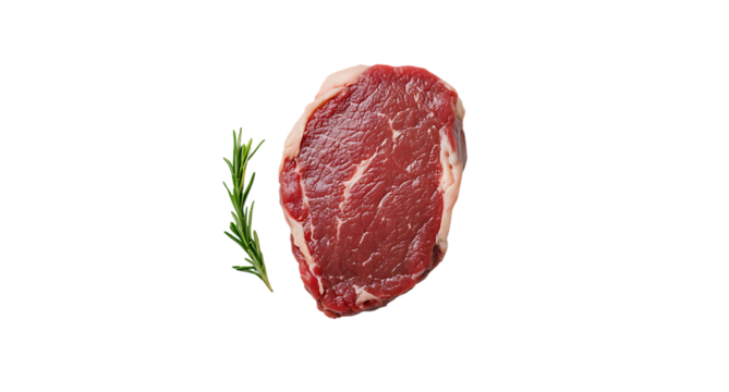 Close up of a raw ribeye steak with a sprig of rosemary on a transparent background studio shot view top