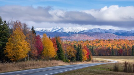 A road trip scene with colorful trees and snowy peaks in the distance