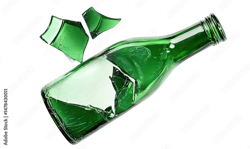 Poster a broken green glass bottle lies on a transparent background with shards scattered around it the bot