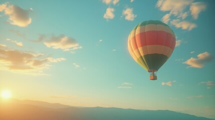 Fototapeta premium Colorful Hot Air Balloon Flying Above Mountains at Sunset with Clear Sky
