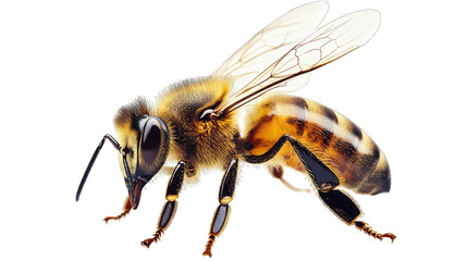 A Close-up Of A Honeybee With Its Wings Outstretched Against A Transparent Background The Bee Is In Focus With Its Hairy Body And Striped Abdomen Clearly Visible Its Compound Eyes Are Large And Promin