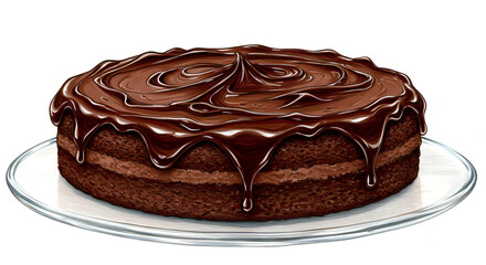 Chocolate cake with rich ganache frosting on a glass plate. Indulgent dessert delight