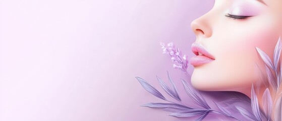 Soft pastel portrait of a woman's face with lavender leaves and makeup on a light pink background.