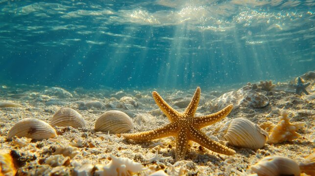 A sandy seabed with starfish and seashells