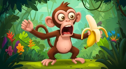 Naklejka premium Shocked monkey with banana in jungle scene