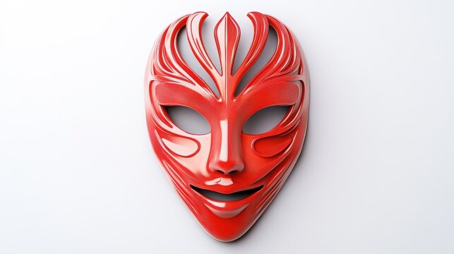A shiny, ornate red mask with artistic patterns and a smiling expression lies on a plain white background.