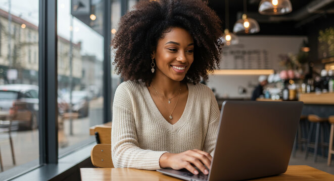 Smiling Woman Working on Laptop in Cafe: Freelance, Business, and Coffee Shop Vibes