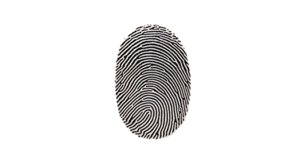 Close up of a fingerprint in black and white on transparent background