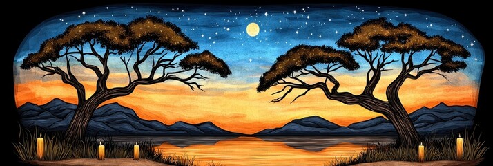 African Savanna Sunset Silhouette of Acacia Trees Against Starry Night Sky
