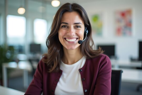 Woman Wearing Headset Smiling In Office, customer service, communication, business