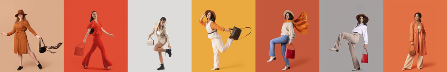 Set of stylish women with bags on color background