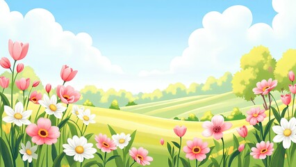 Fototapeta premium spring landscape with flowers and blue sky