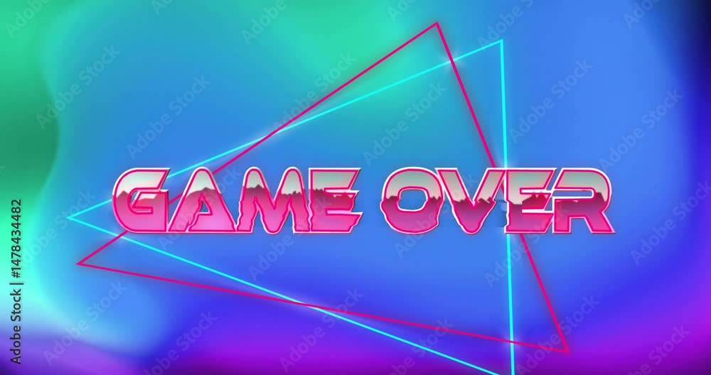 Poster retro-inspired game over text floating in neon gradient scene, featuring wireframe triangle shapes