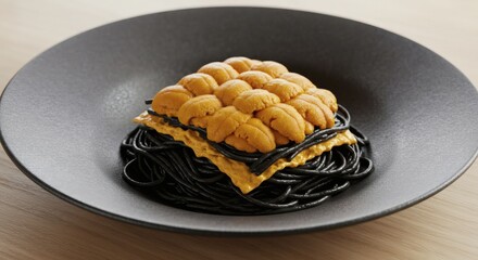 Serving Black Spaghetti with Sea Urchin Topping on Black Plate