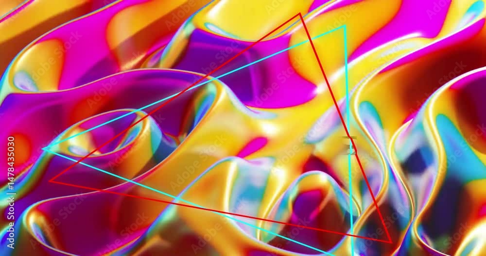 Poster fluid surface warping in neon color gradients, displaying red and cyan wireframe triangles
